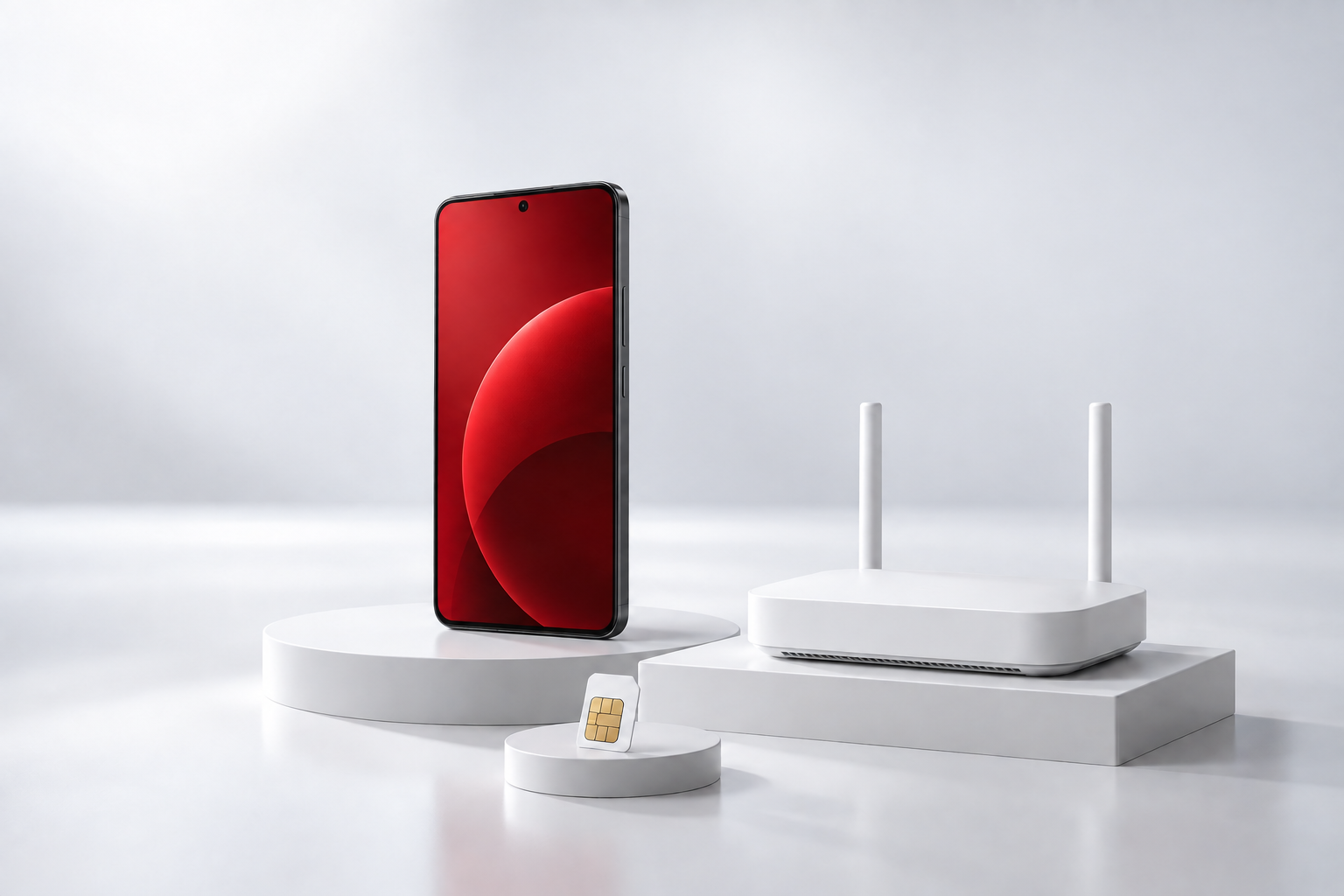 Concept image of an unbranded phone, Wi-Fi router and SIM card.